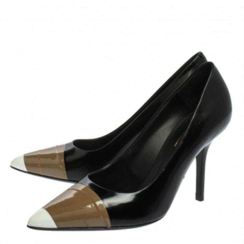 Burberry Black/Brown Leather & Patent Leather Pointed Toe Annalise Pumps Size 37 For Sale 4