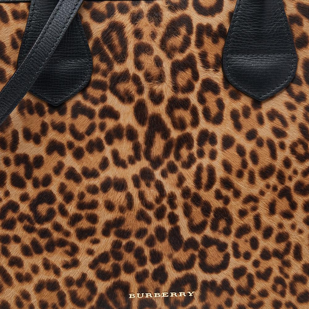 Burberry Black/Brown Leopard Print Calfhair, House Check Canvas Banner Tote 3