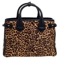 Burberry Black/Brown Leopard Print Calfhair, Leather Canvas Medium Banner Tote