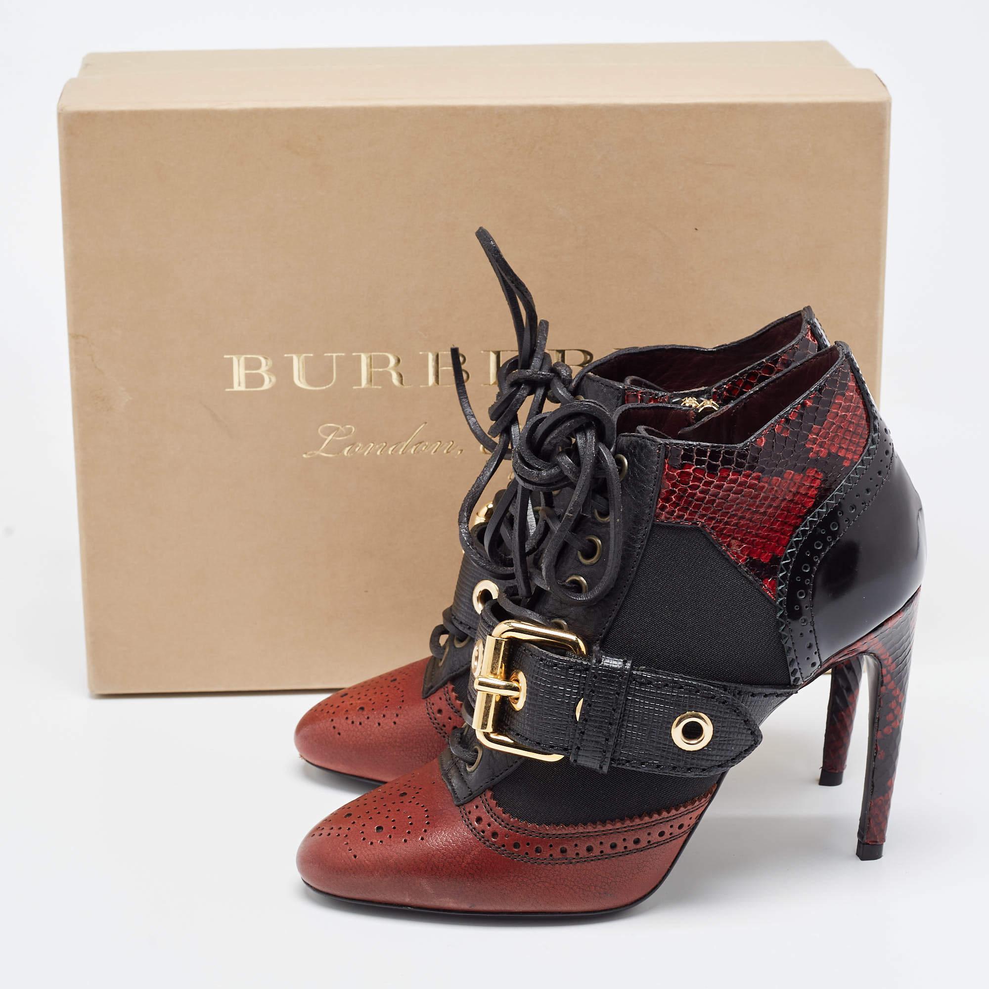Burberry Black/Burgundy Leather and Python Embossed Westmarsh Buckle Ankle Boots 5