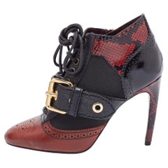 Burberry Black/Burgundy Leather and Python Embossed Westmarsh Buckle Ankle Boots