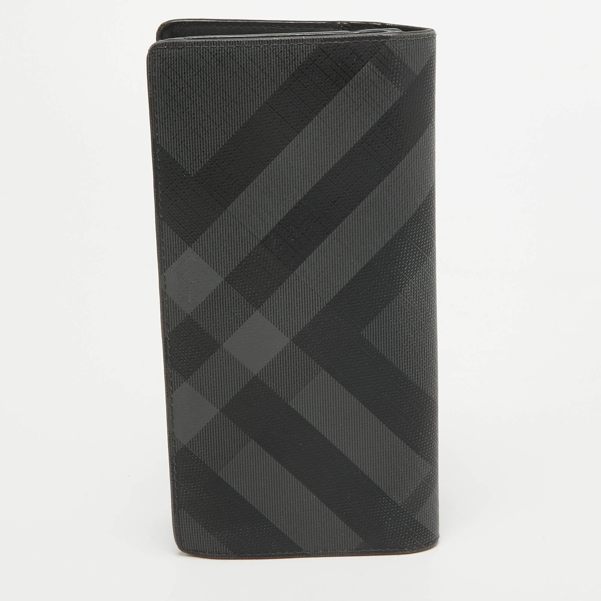 Portafoglio lungo Burberry in tela Coates a quadri neri in vendita 2