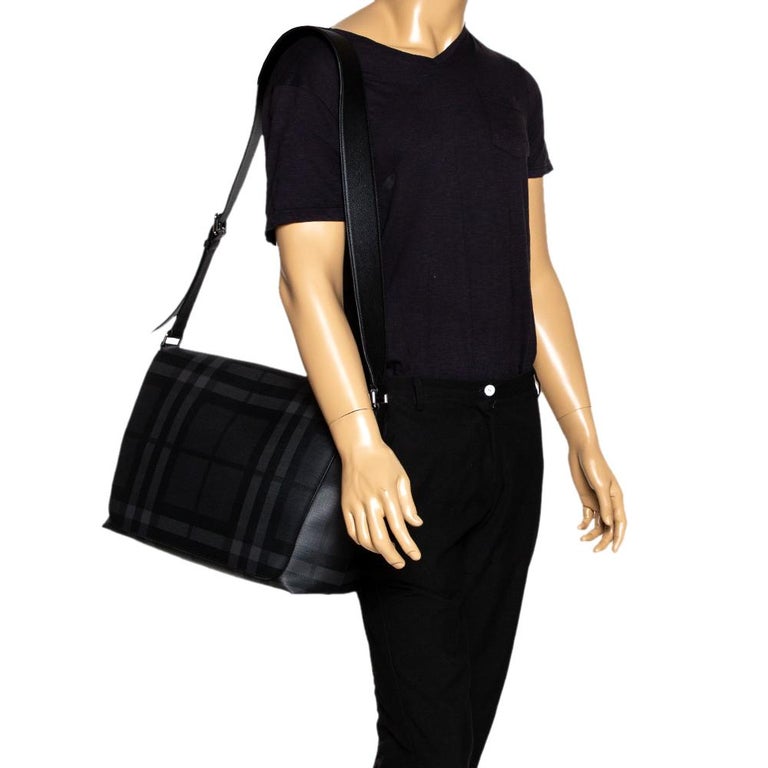 Burberry Black Check PVC and Leather Large Burleigh Messenger Bag at