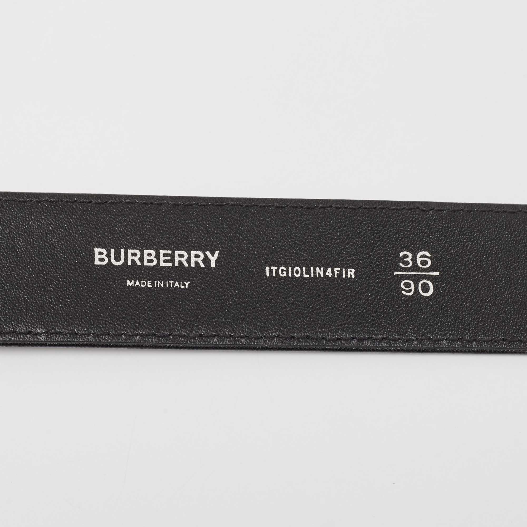 Men's Burberry Black Coated Canvas and Leather Graphic Plaque Buckle Belt 90CM For Sale