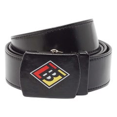 Burberry Black Coated Canvas and Leather Graphic Plaque Buckle Belt 90CM
