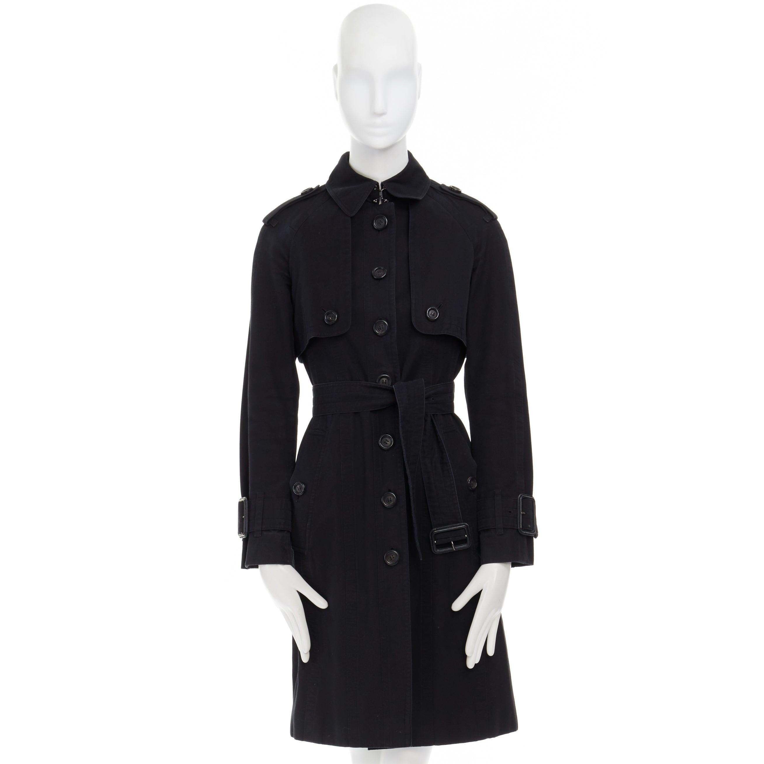 Black BURBERRY black cotton house check lined button front mid length trench coat S For Sale