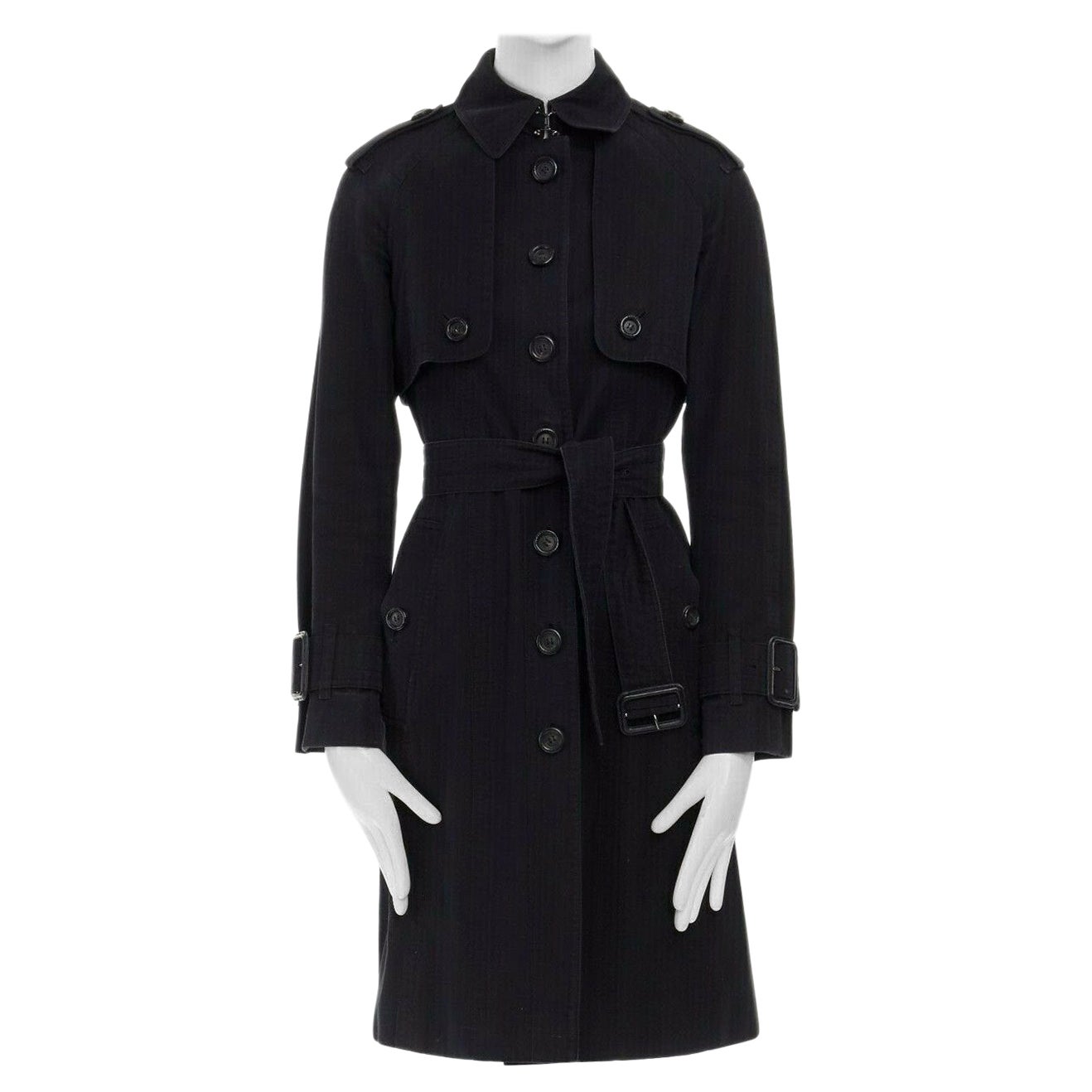 BURBERRY black cotton house check lined button front mid length trench coat S