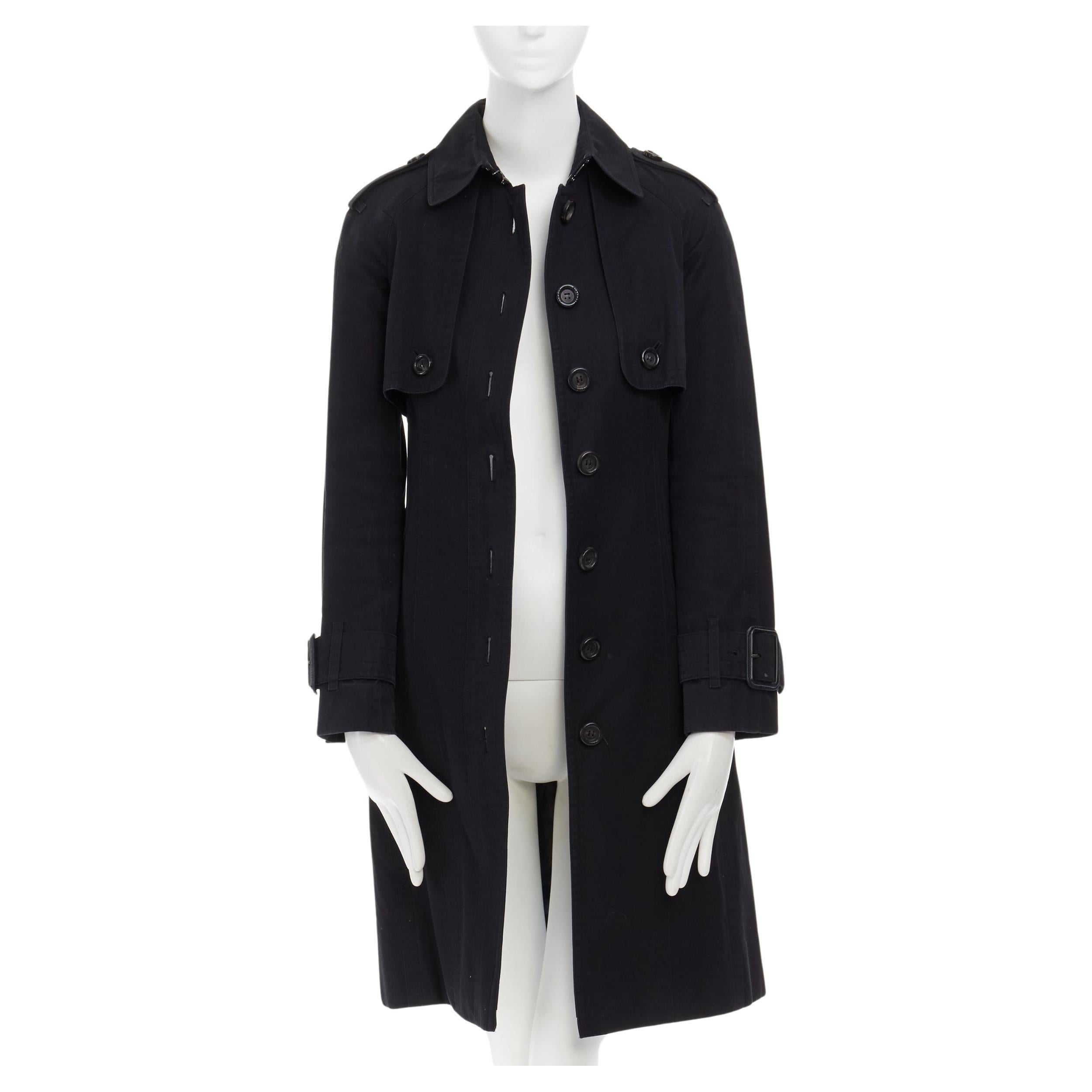 BURBERRY black cotton house check lined button front mid length trench coat S For Sale