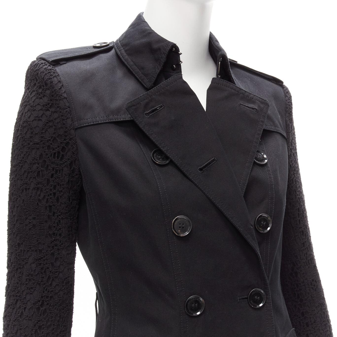 BURBERRY black cotton lace sleeve double breasted trench coat UK6 XS
Reference: TGAS/D00837
Brand: Burberry
Designer: Christopher Bailey
Material: Cotton
Color: Black
Pattern: Solid
Closure: Button
Lining: Black Fabric
Extra Details: Missing belt