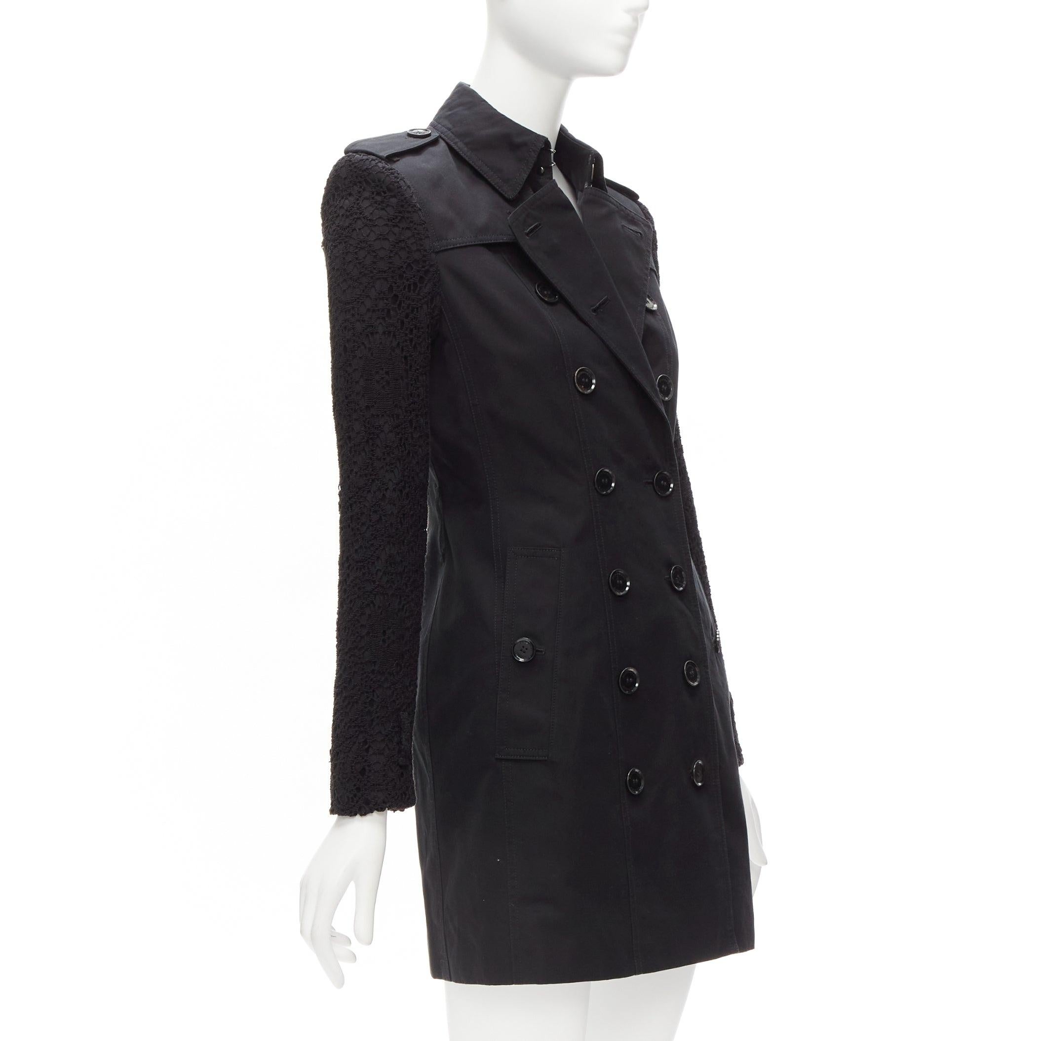 BURBERRY black cotton lace sleeve double breasted trench coat UK6 XS In Good Condition In Hong Kong, NT