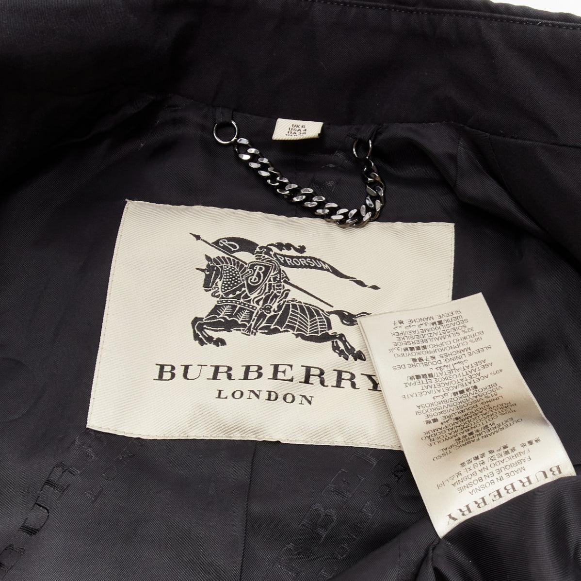BURBERRY black cotton lace sleeve double breasted trench coat UK6 XS 4