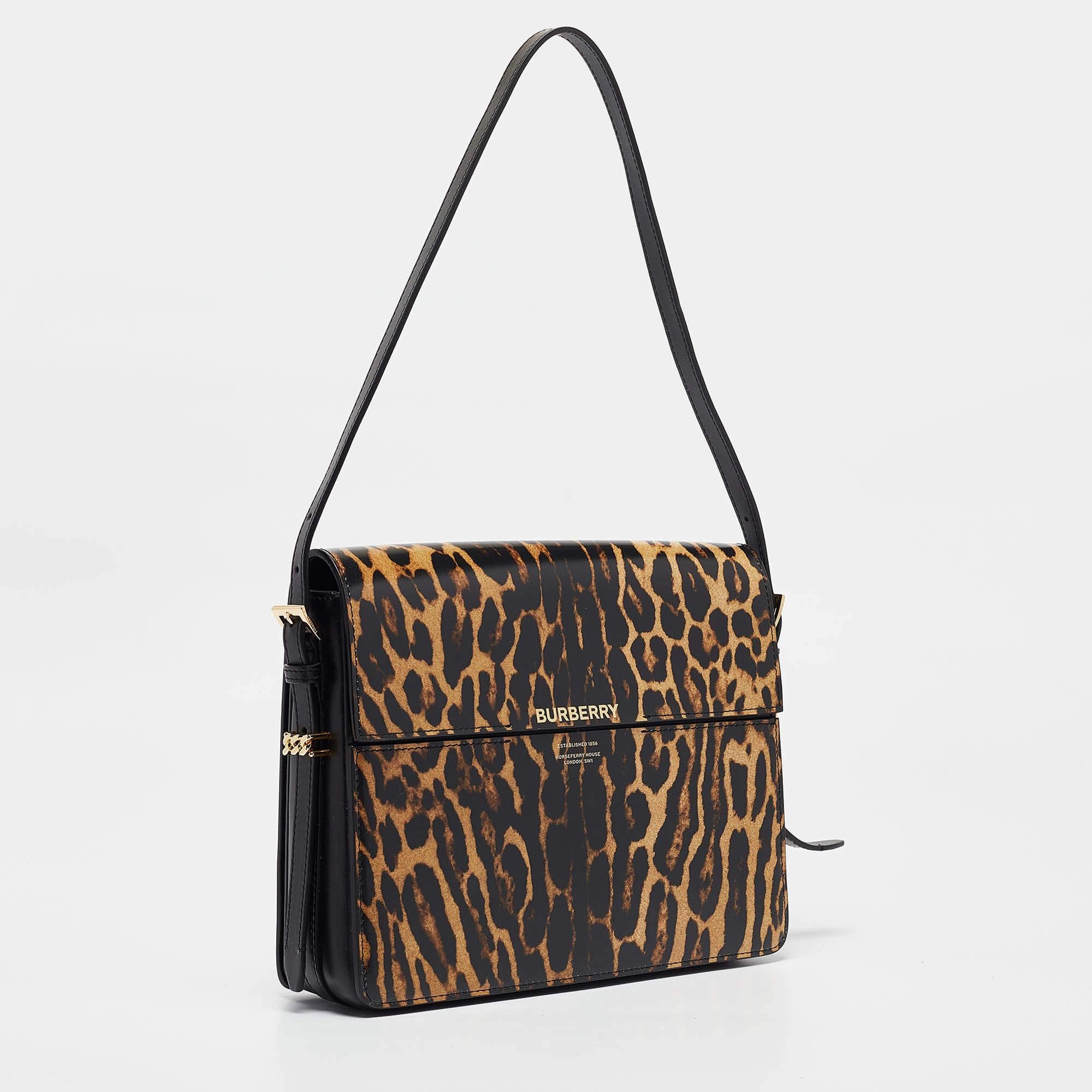 Burberry Black/Cream Leopard Print Glossy Leather Large Grace Shoulder Bag In New Condition In Dubai, Al Qouz 2