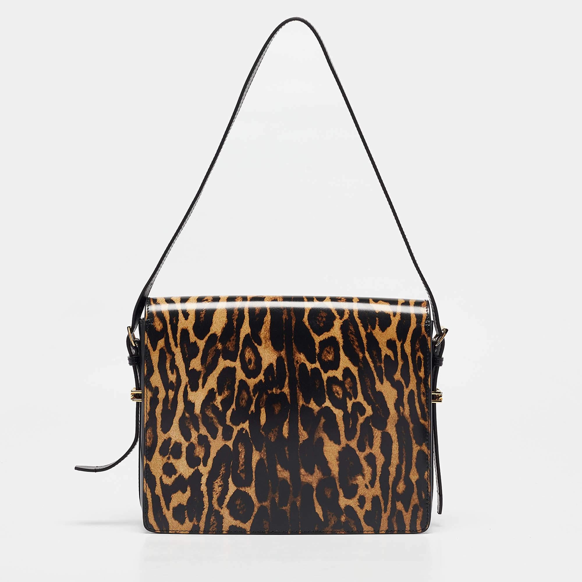 Women's Burberry Black/Cream Leopard Print Glossy Leather Large Grace Shoulder Bag