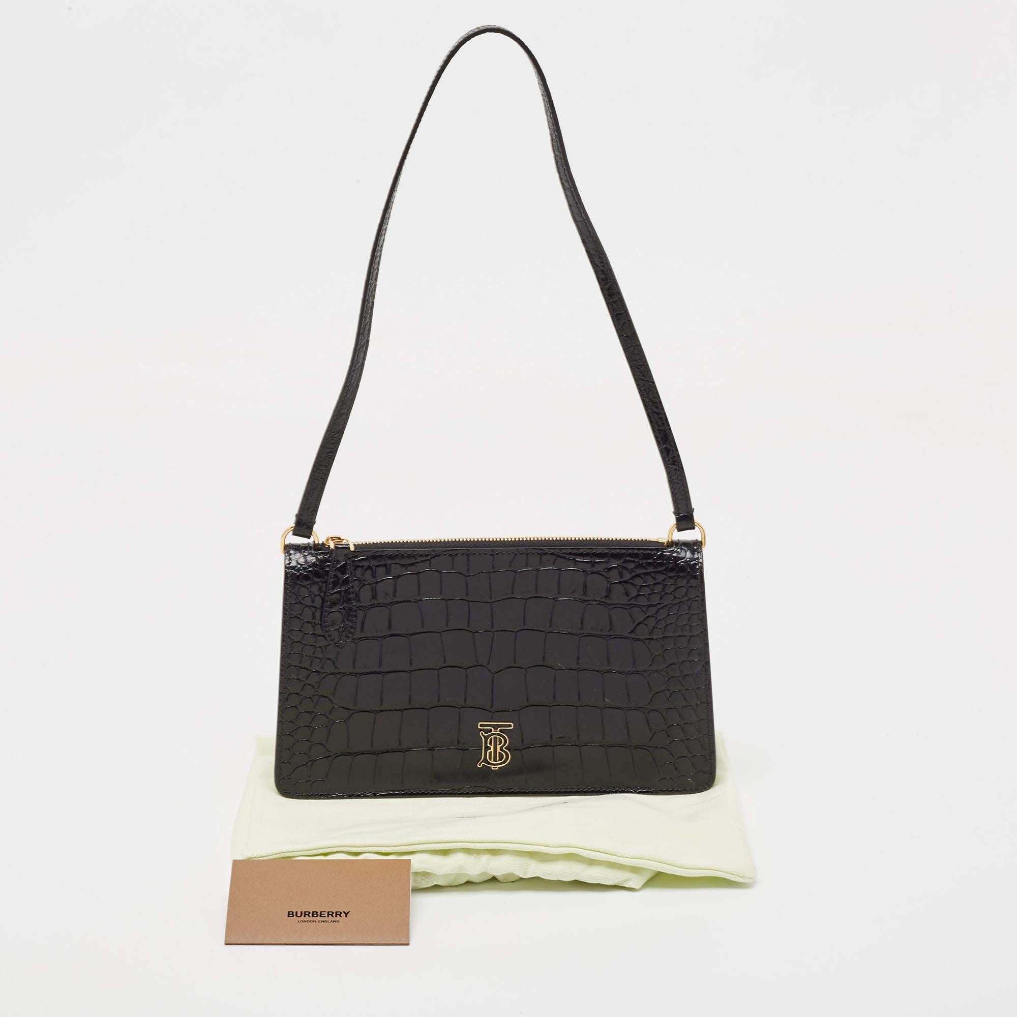 Burberry Black Croc Embossed Leather Shoulder Bag For Sale 6