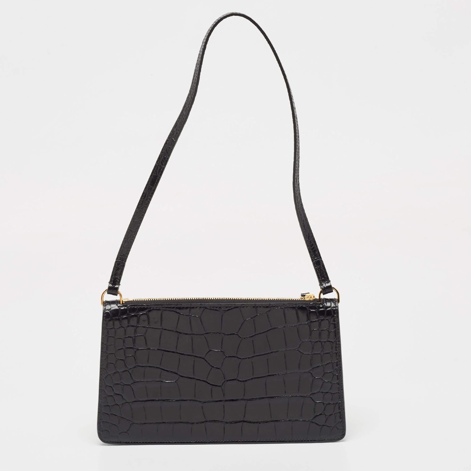 Burberry Black Croc Embossed Leather Shoulder Bag For Sale 2