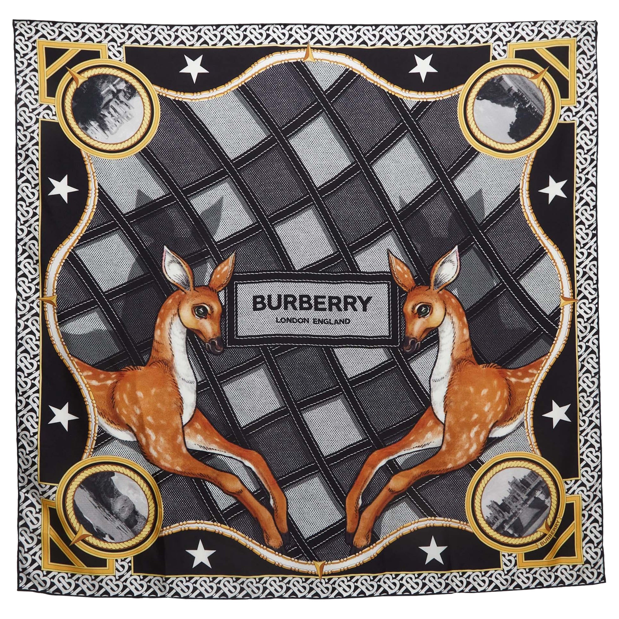 Burberry Black Deer Print Silk Square Scarf