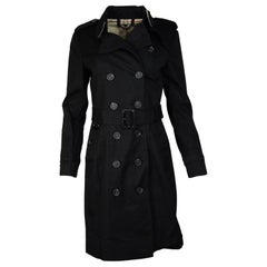 Burberry Black Double Breasted Sandringham Belted Trench Coat & Garment Bag Sz 6