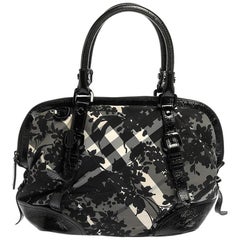 Burberry Black Floral Beat Check Nylon and Patent Leather Satchel