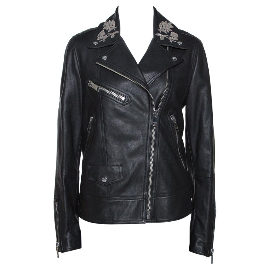 Burberry Black Floral Embroidered Leather Peebles Jacket M