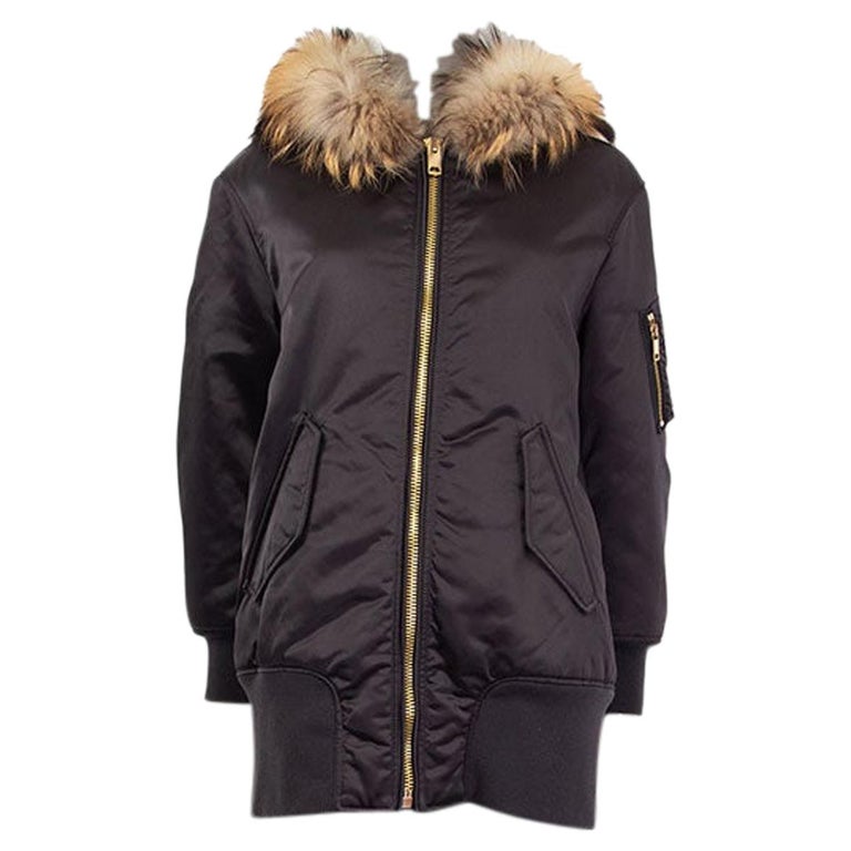 BURBERRY black FUR TRIM BOMBER STYLE PARKA Coat Jacket XS For Sale at