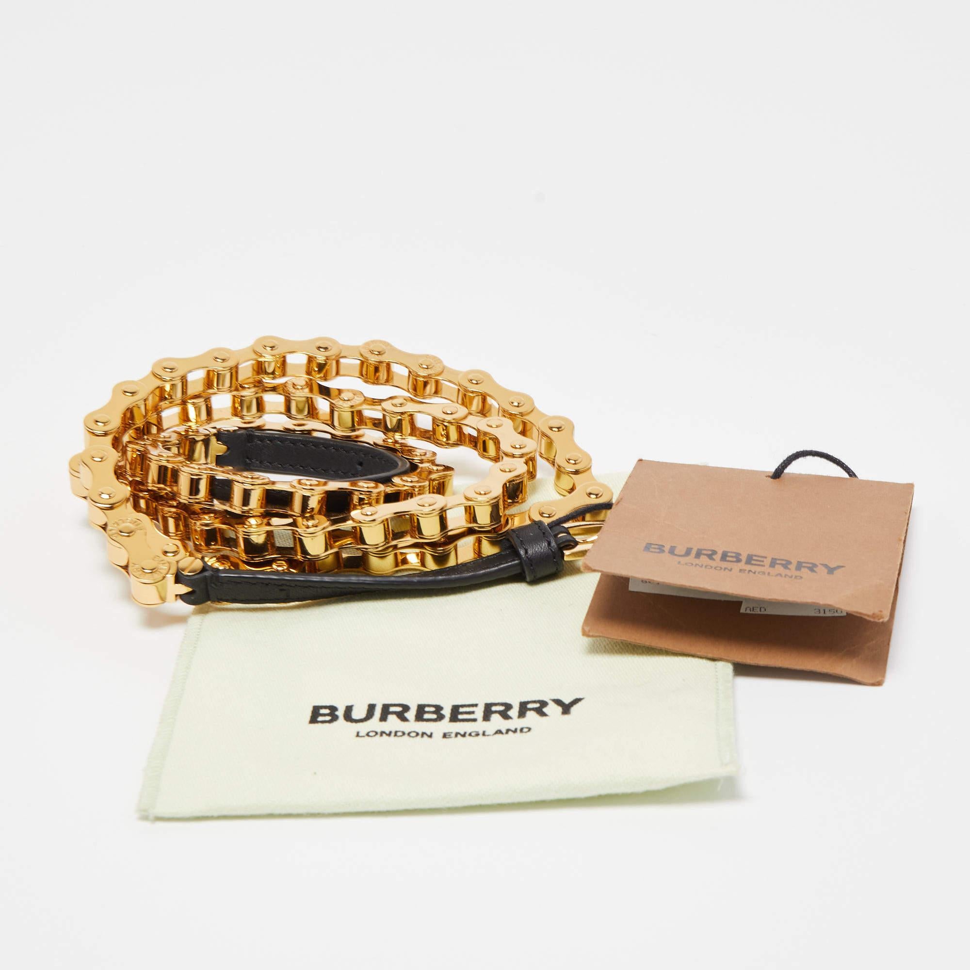 Women's Burberry Black Gold Plated Metal and Leather Bike Chain Belt 95CM