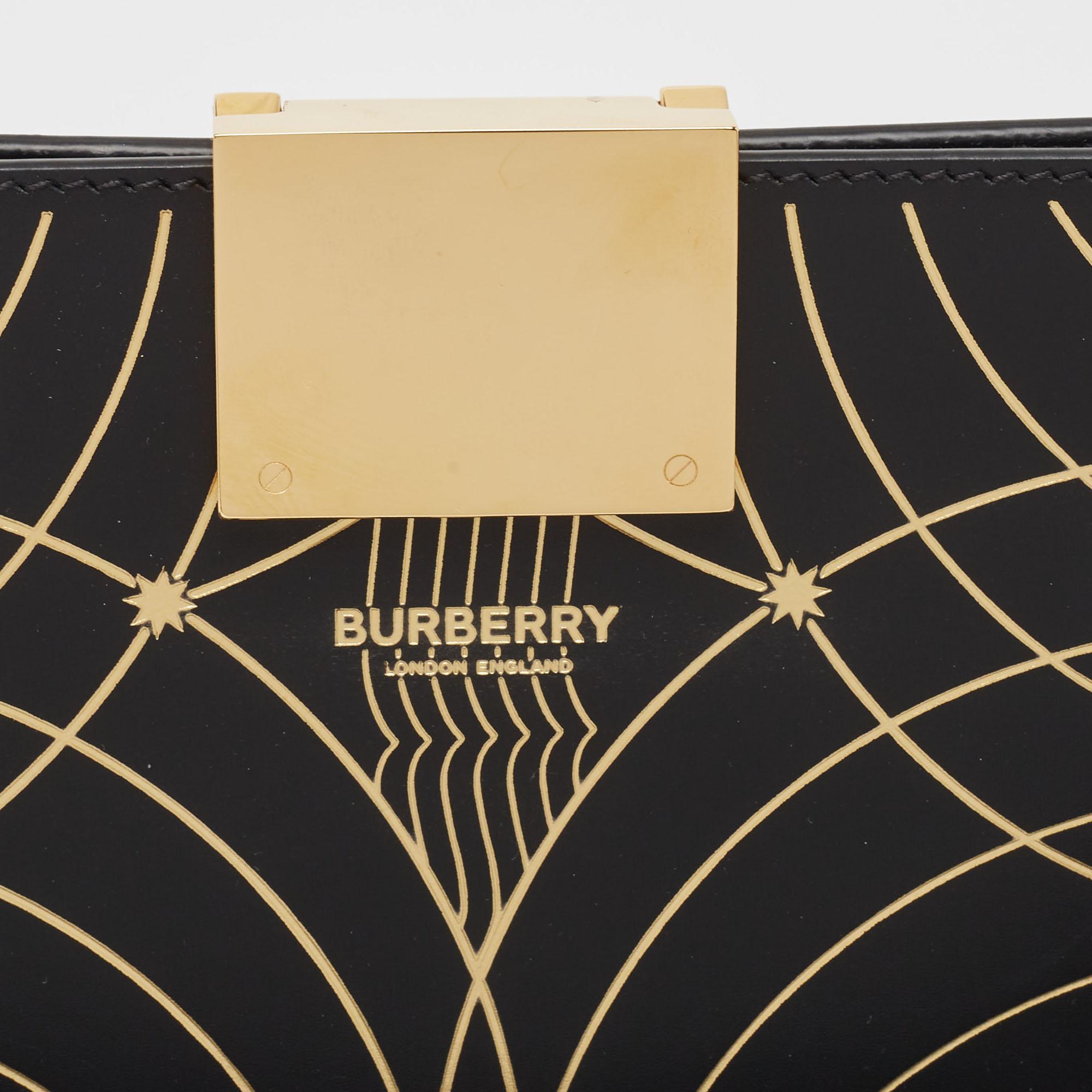 Burberry Black/Gold Printed Leather Olympia Wristlet Clutch For Sale 2