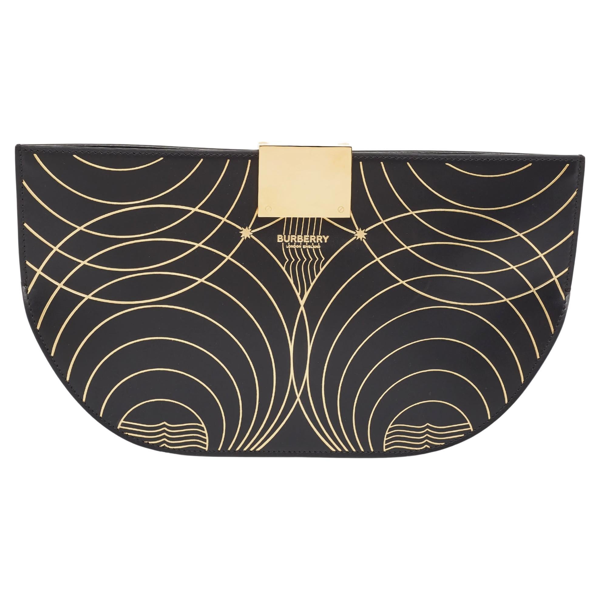 Burberry Black/Gold Printed Leather Olympia Wristlet Clutch For Sale