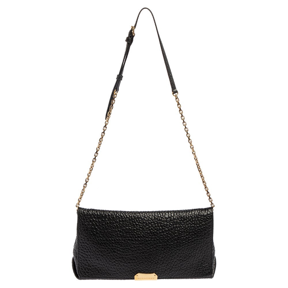Burberry Schwarzes genarbtes Leder Langley Kette Umhängetasche