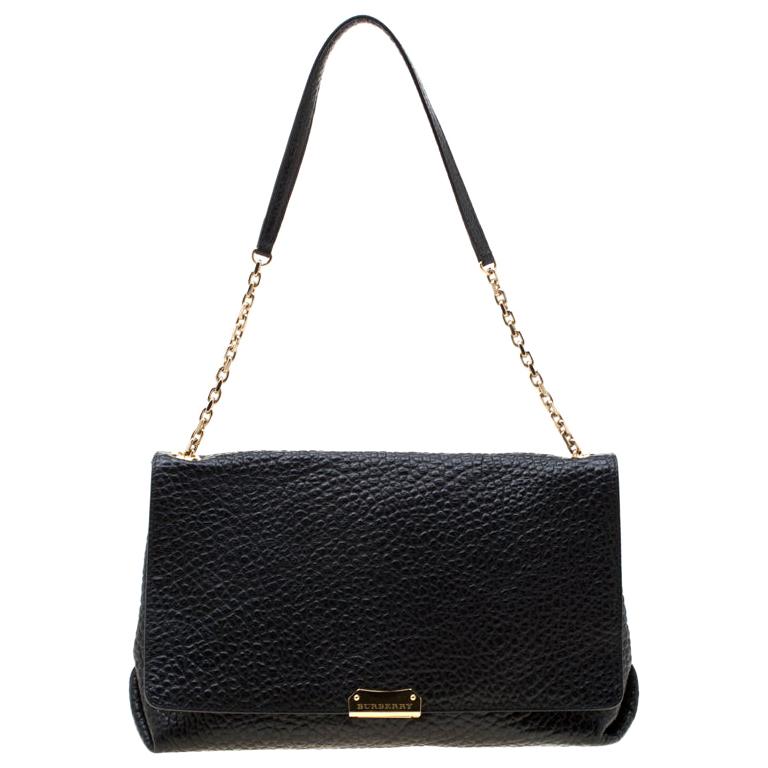 Burberry Black Grained Leather Langley Chain Shoulder Bag For Sale at
