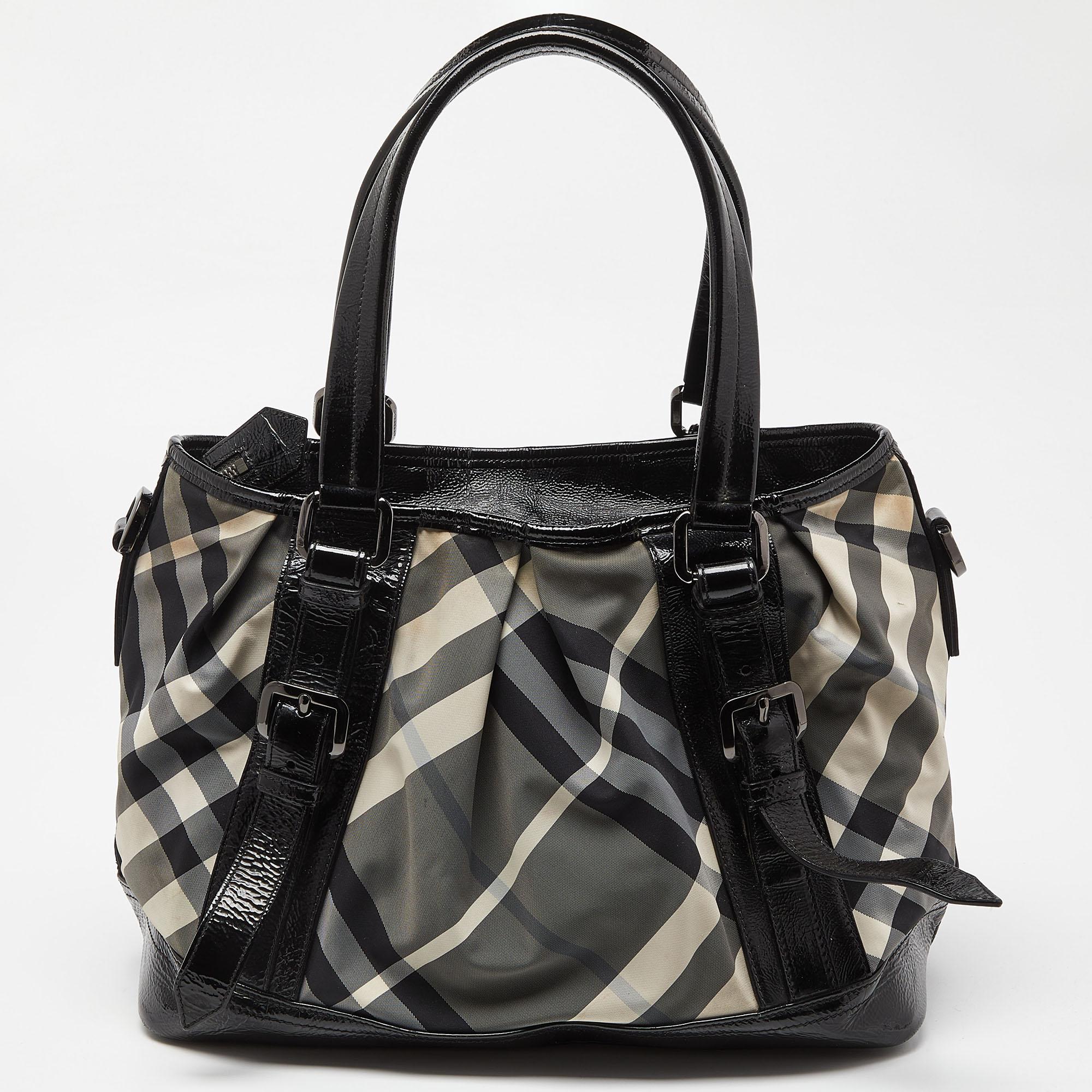 Women's Burberry Black/Grey Beat Check Canvas and Patent Leather Lowry Tote