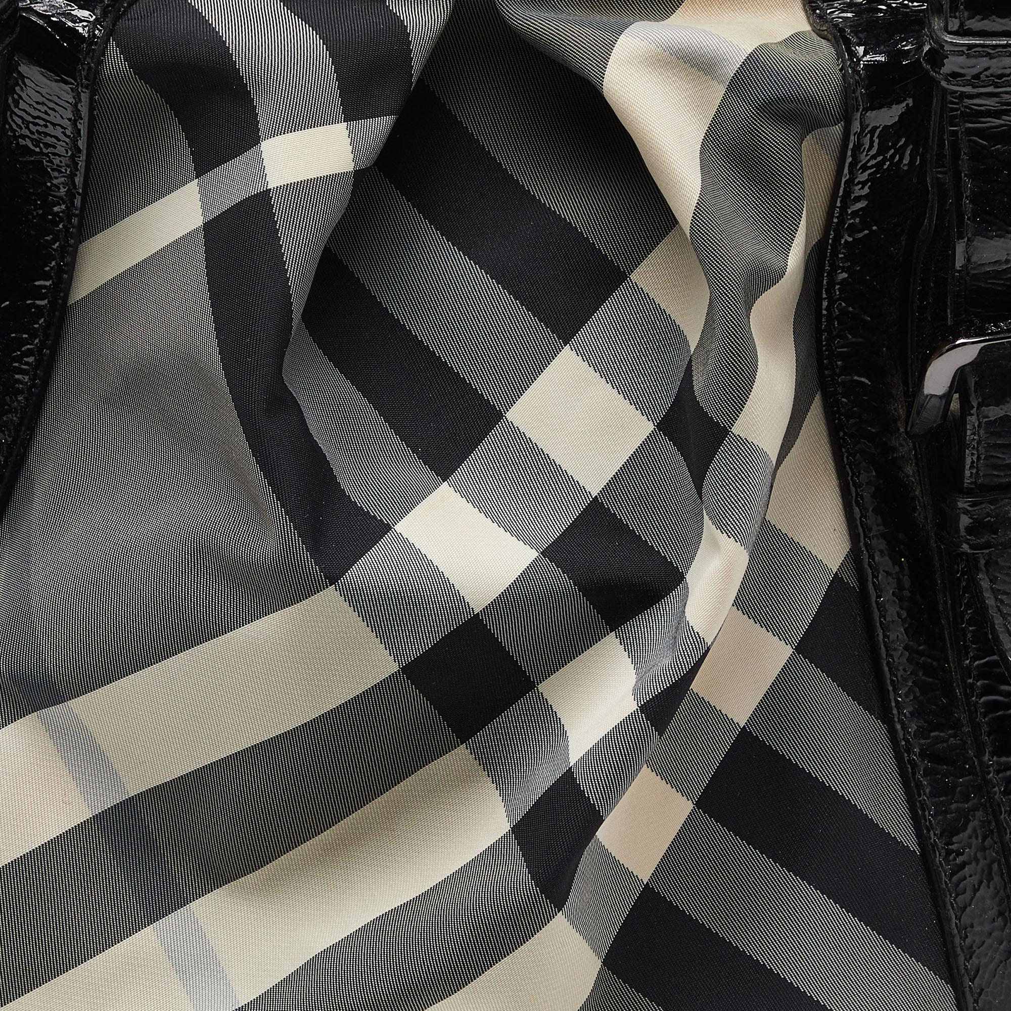 Burberry Black/Grey Beat Check Canvas and Patent Leather Lowry Tote 1