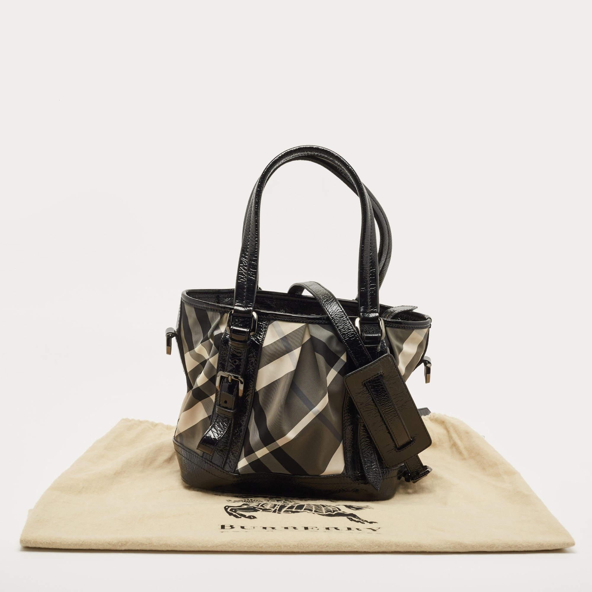 Burberry Black/Grey Beat Check Nylon and Patent Leather Lowry Tote 10