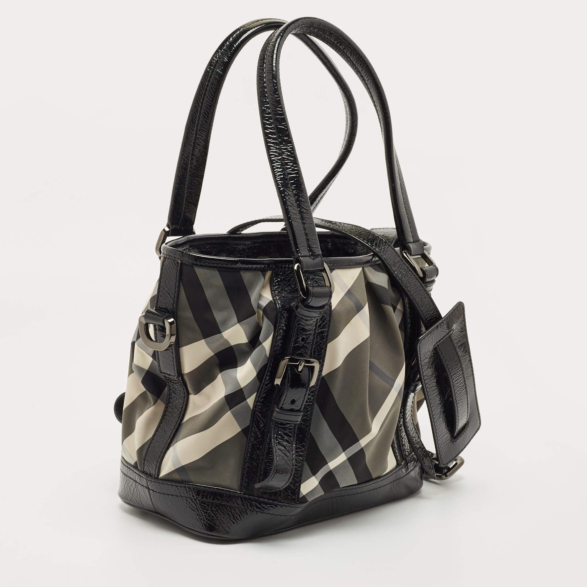 Women's Burberry Black/Grey Beat Check Nylon and Patent Leather Lowry Tote