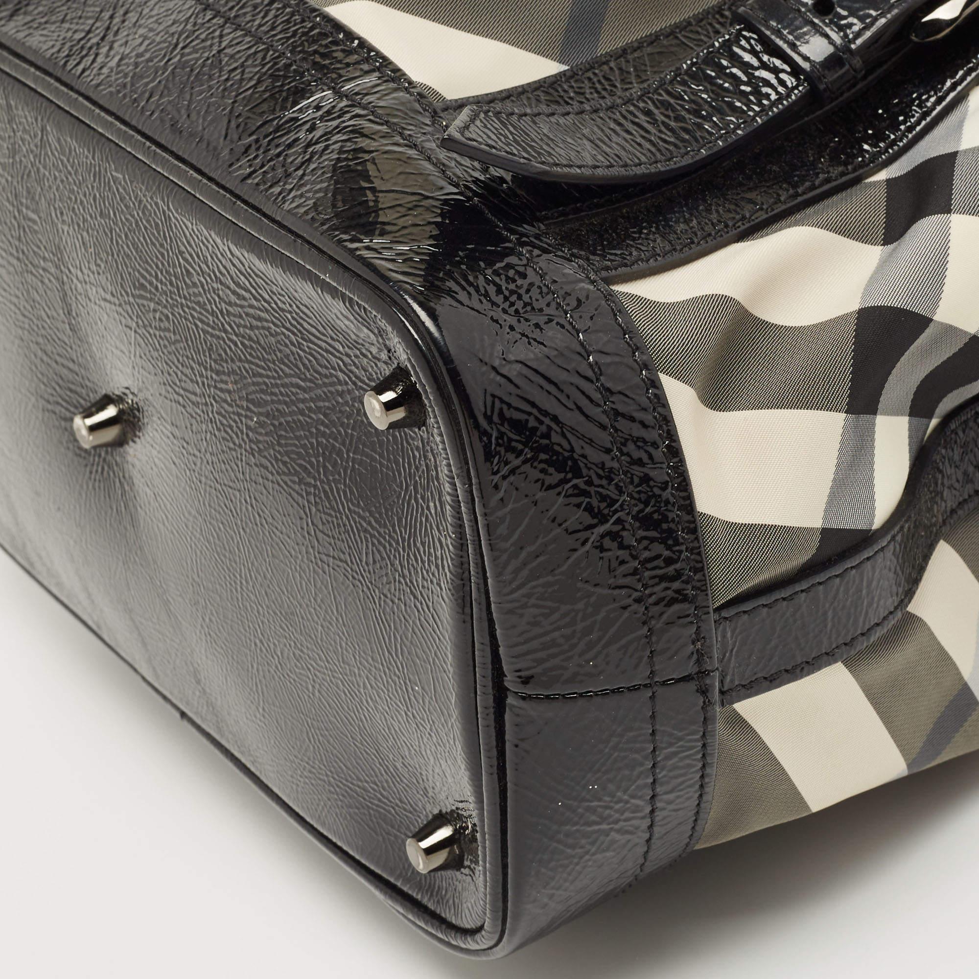 Burberry Black/Grey Beat Check Nylon and Patent Leather Lowry Tote 2