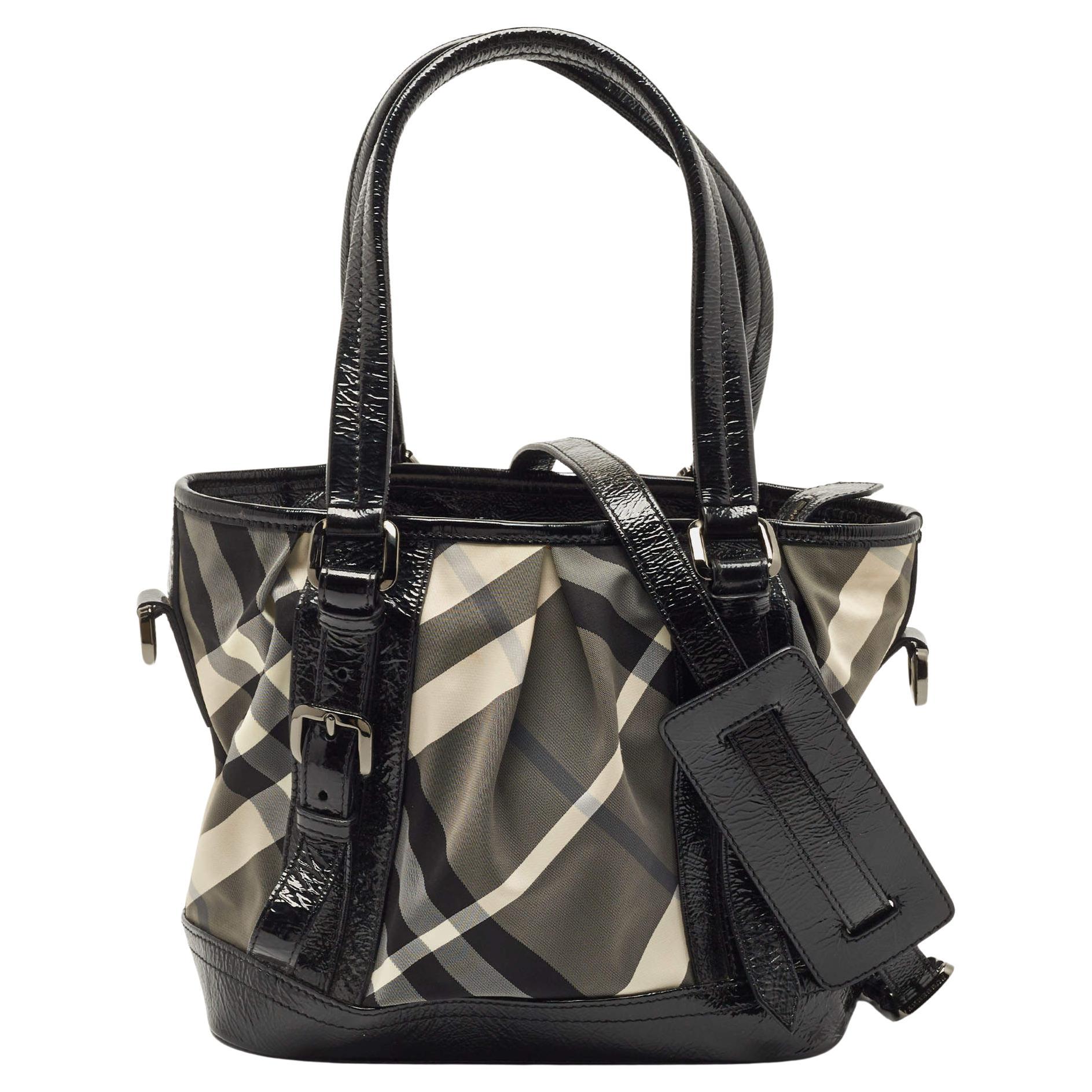 Burberry Black/Grey Beat Check Nylon and Patent Leather Lowry Tote