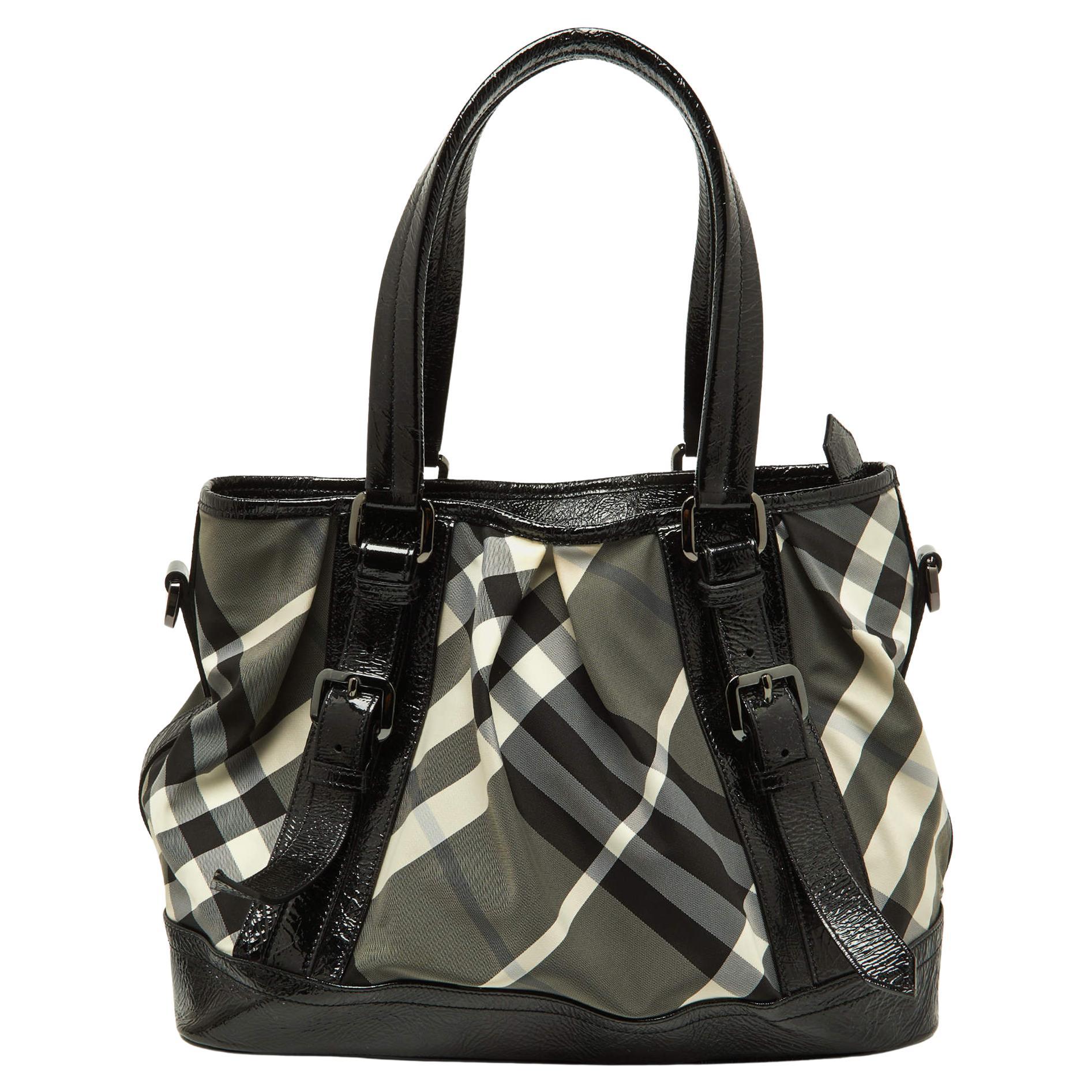 Burberry Black/Grey Beat Check Nylon and Patent Leather Lowry Tote For Sale