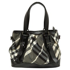Used Burberry Black/Grey Beat Check Nylon and Patent Leather Lowry Tote