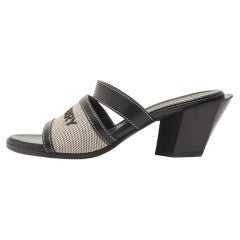Burberry Black /Grey Canvas and Leather Honour Open Toe Slide Sandals Size 37