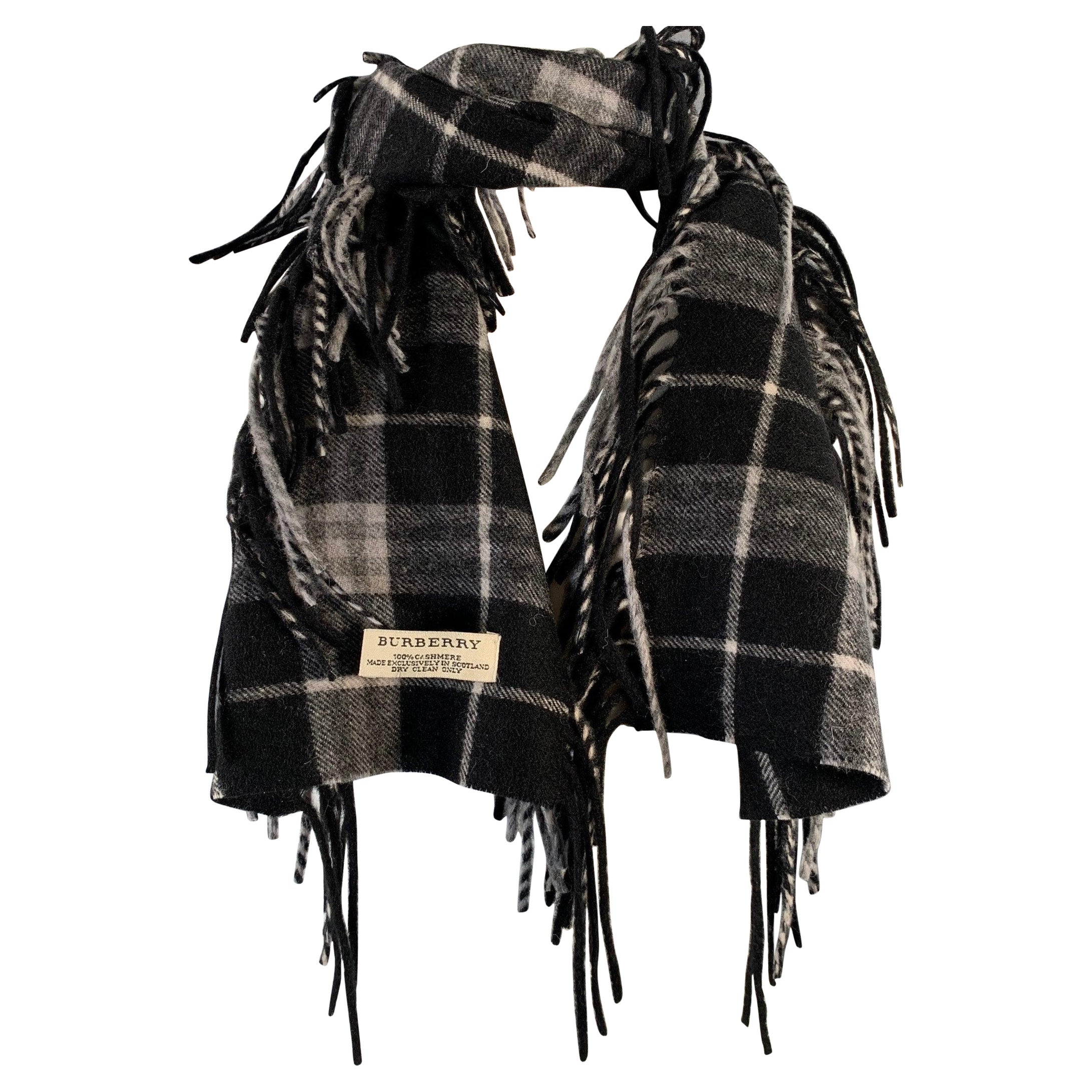 BURBERRY Black Grey Plaid Cashmere Fringe Trim Scarf