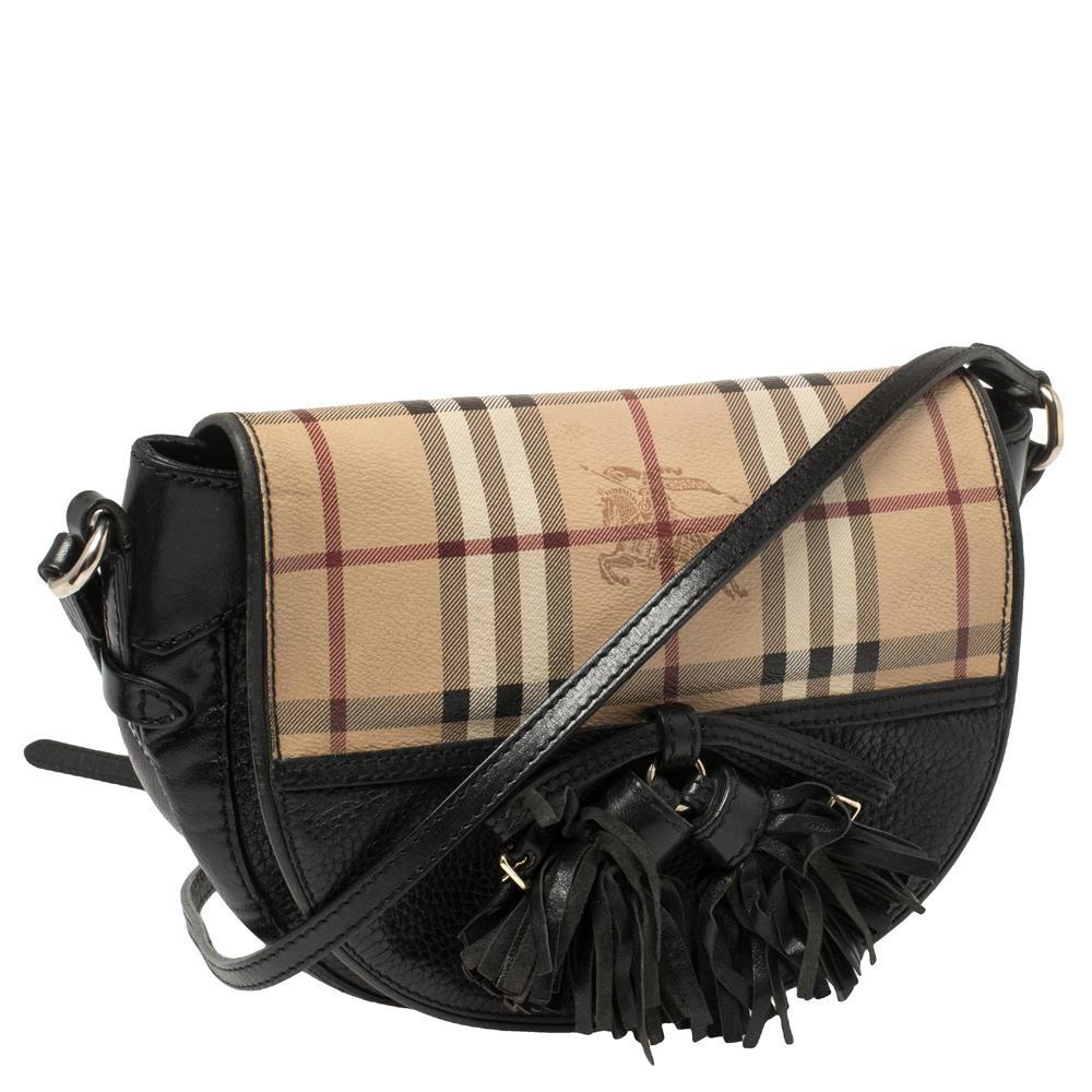 Burberry Black Haymarket Check Leder Maydown Crossbody Tasche (Schwarz)