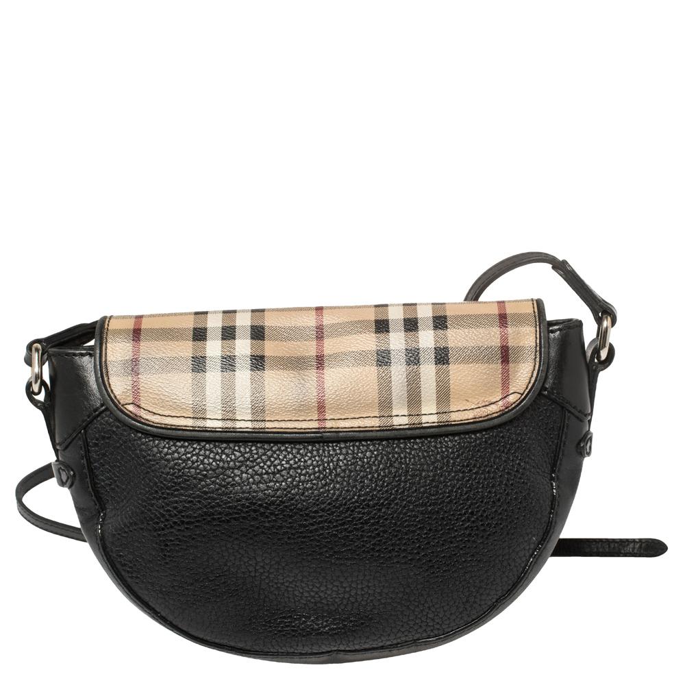 Burberry Black Haymarket Check Leather Maydown Crossbody Bag In Good Condition In Dubai, Al Qouz 2