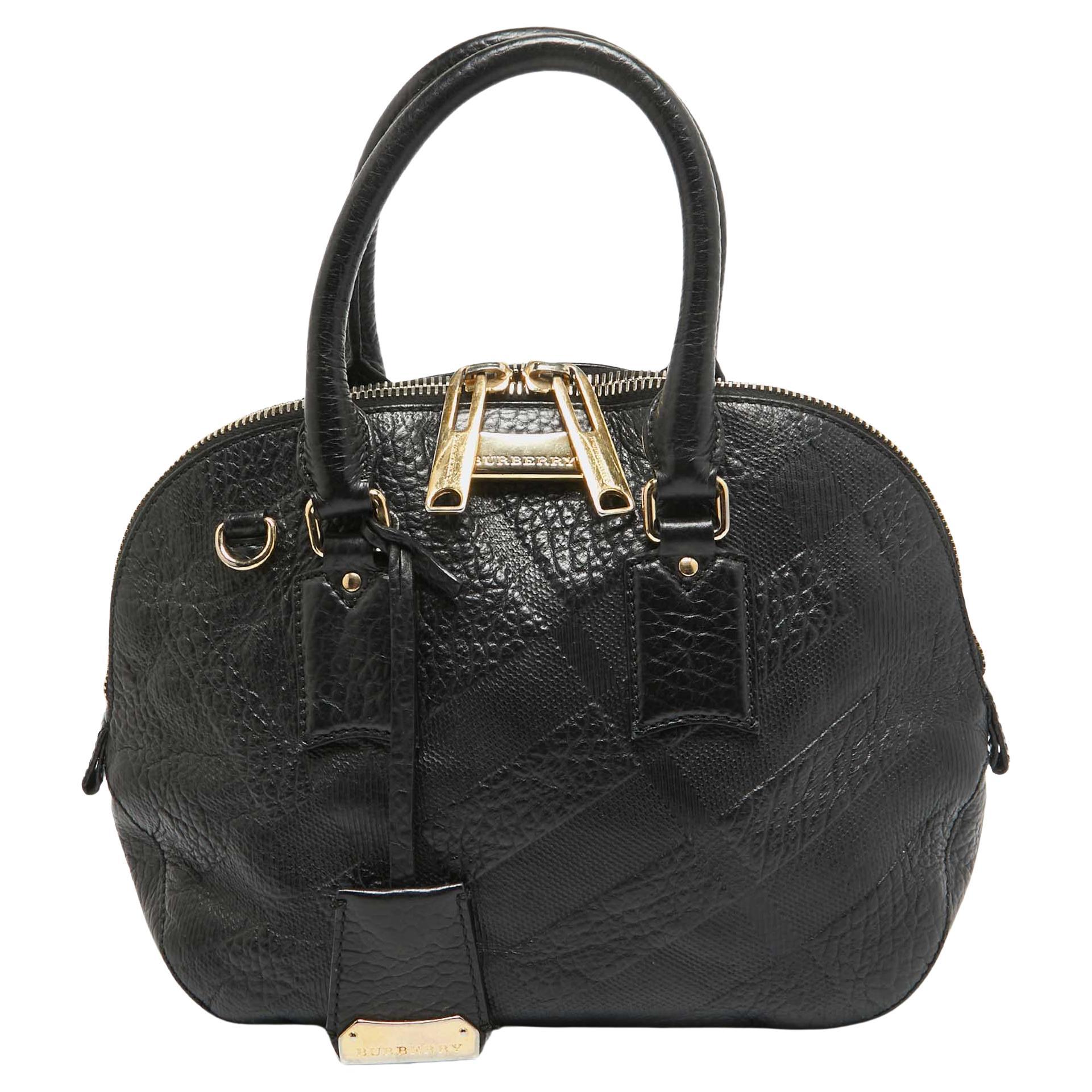 Burberry Black Heritage Check Embossed Leather Small Orchard Bowler Bag For Sale
