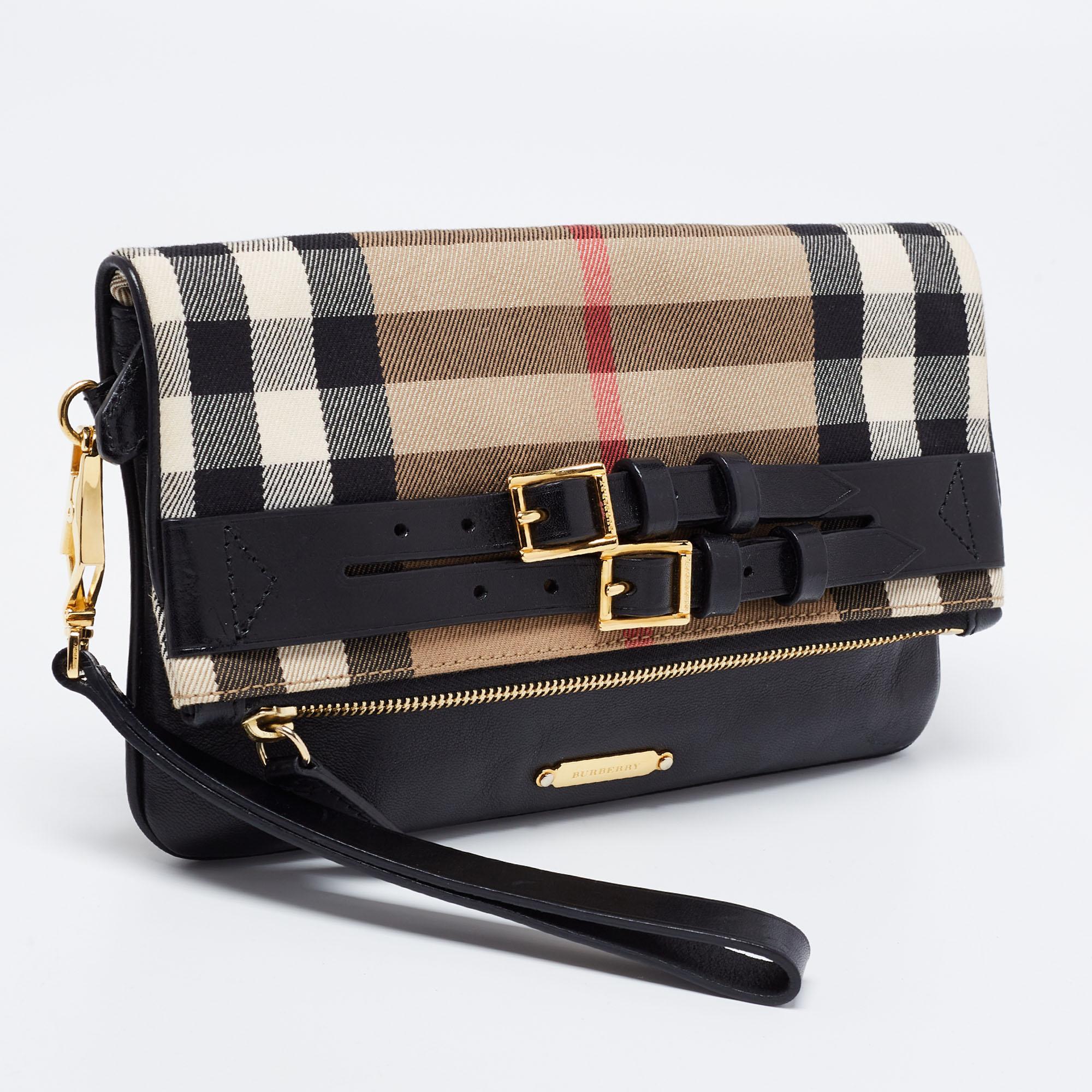 Women's Burberry Black House Check Canvas and Leather Adeline Fold Over Clutch