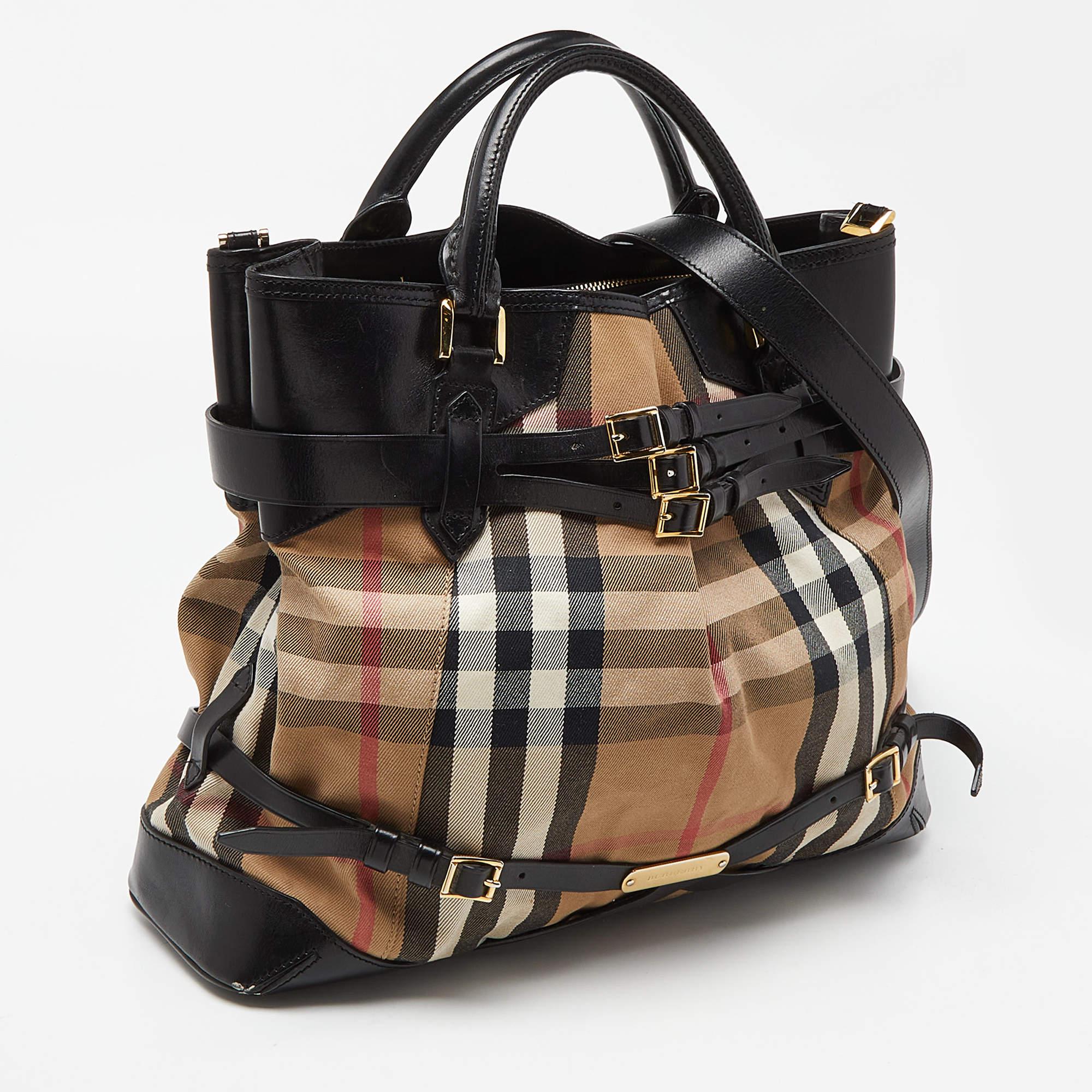 Burberry Black House Check Canvas and Leather Large Bridle Lynher Tote For Sale 1