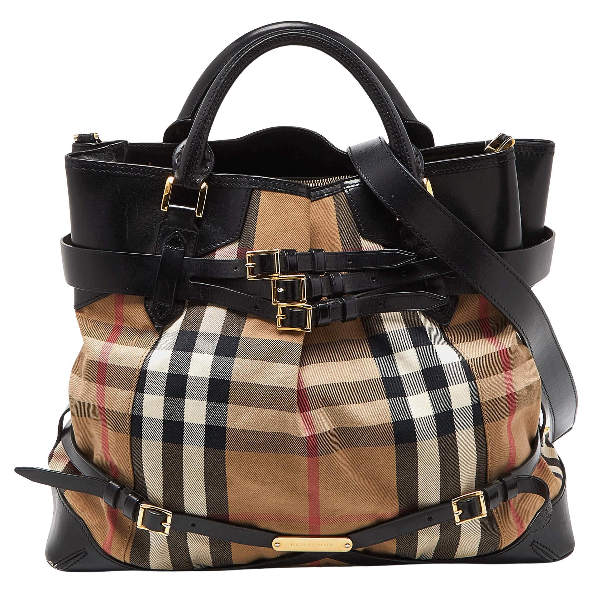 Burberry Black House Check Canvas and Leather Large Bridle Lynher Tote For Sale