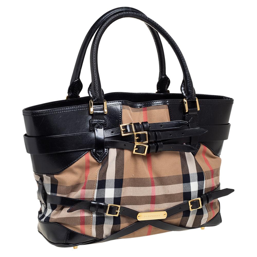 Burberry Black House Check Canvas and Leather Medium Bridle Lynher Tote In Good Condition In Dubai, Al Qouz 2