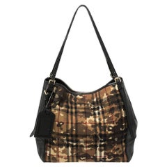 Burberry Black Leather and Camouflage Horseferry Check Nylon Small Canter Tote