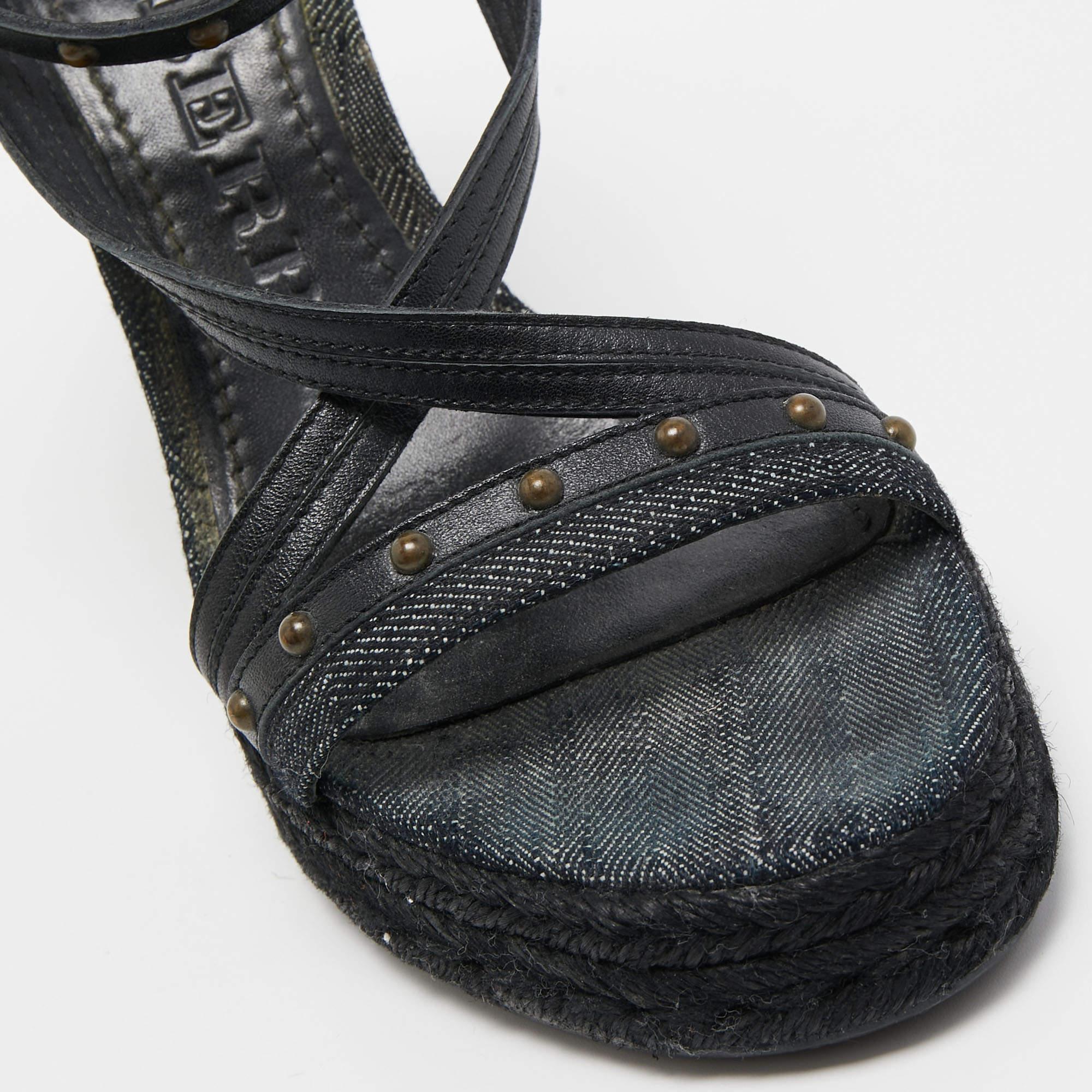 Burberry Black Leather and Denim Studded Platform Wedge Sandals Size 38.5 For Sale 1