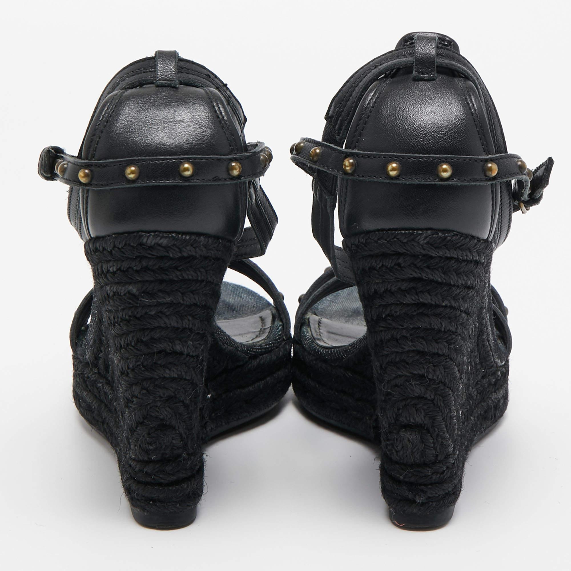 Burberry Black Leather and Denim Studded Platform Wedge Sandals Size 38.5 For Sale 2