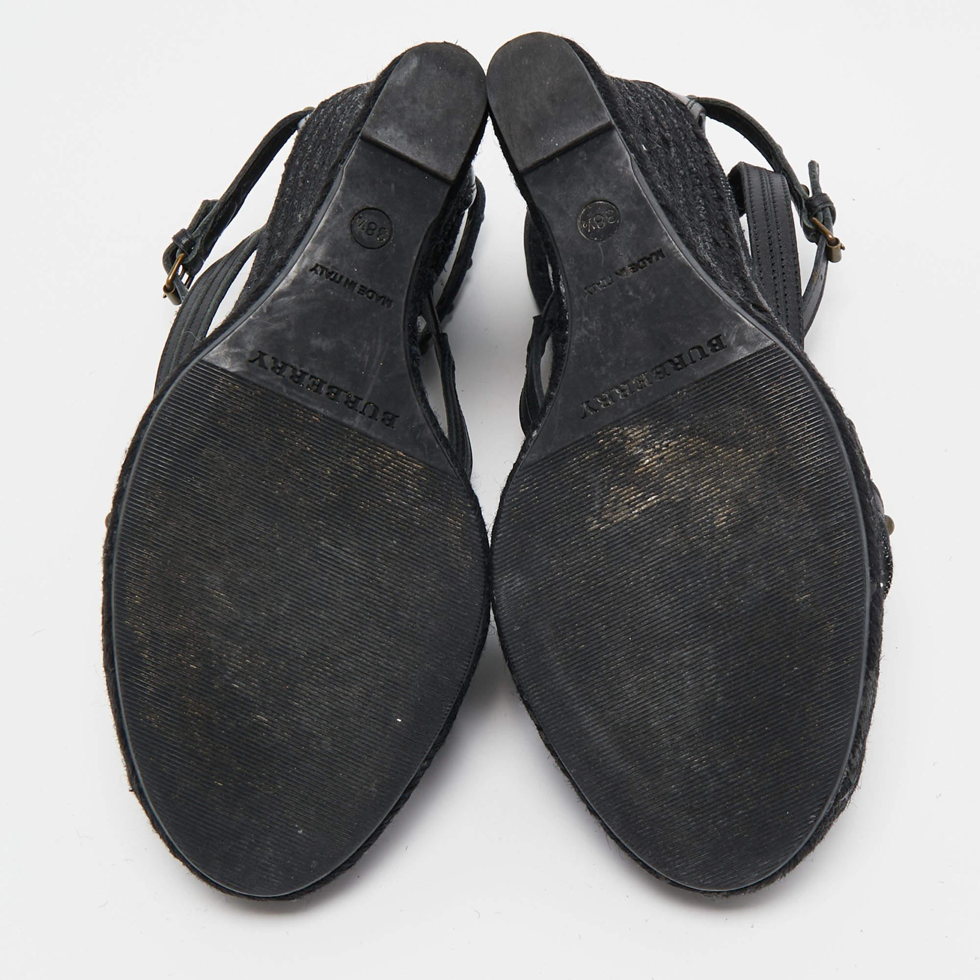 Burberry Black Leather and Denim Studded Platform Wedge Sandals Size 38.5 For Sale 3